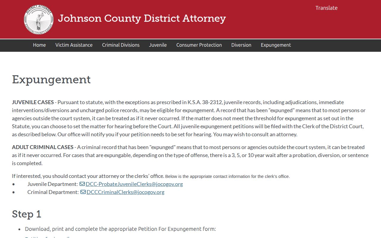 Johnson County arrest record expungement forms and instructions