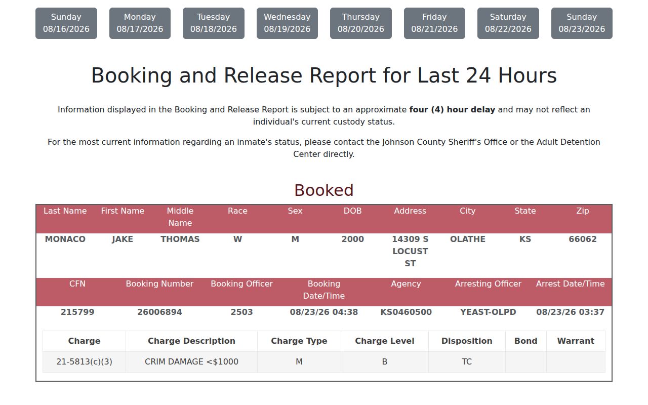 Johnson County recent booking and release report search