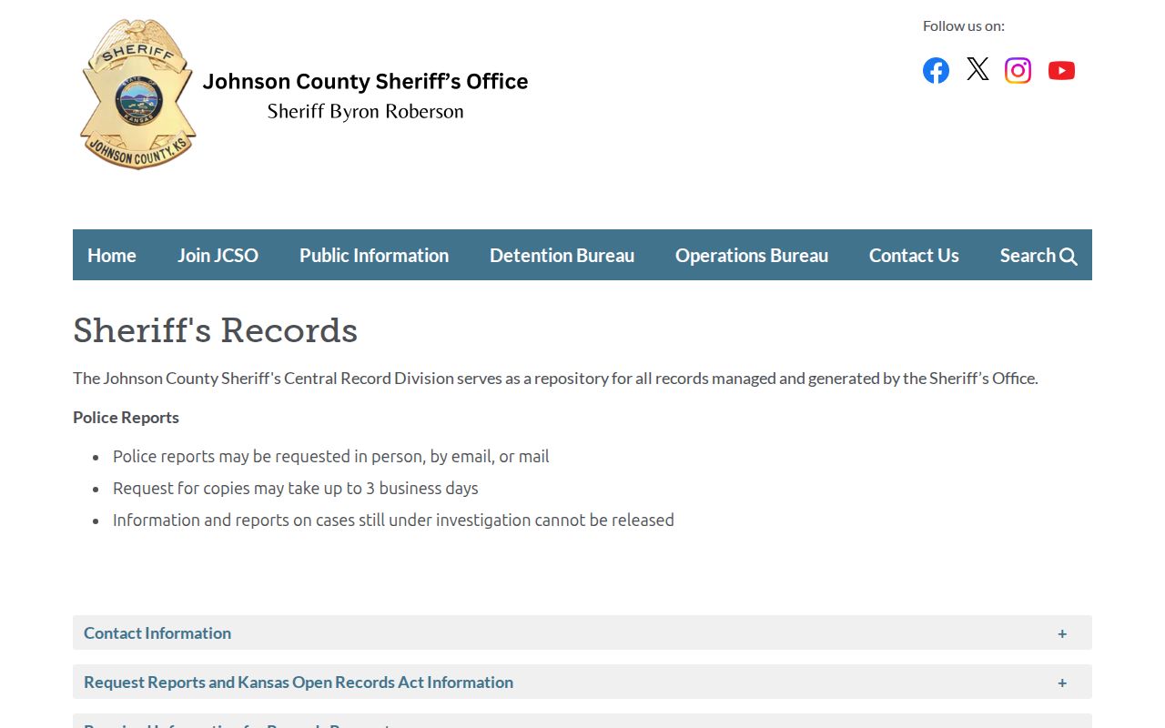Johnson County Sheriff booking record and mugshot request page