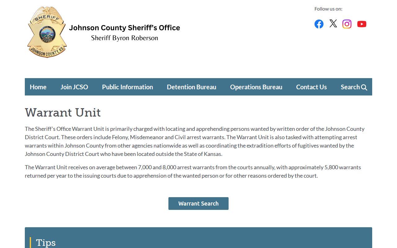 Johnson County Warrant Unit official warrant tip information