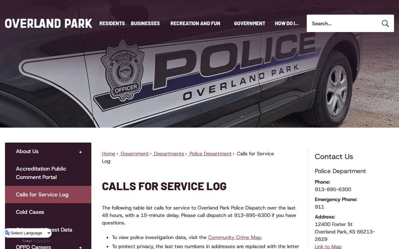 Overland Park police calls for service record interface