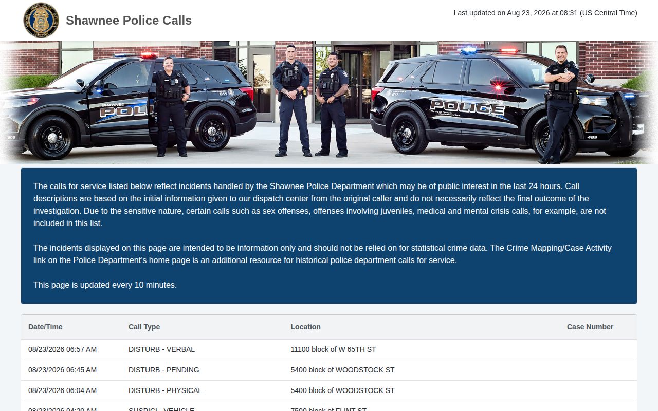 Shawnee police calls for service arrest record interface